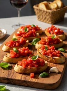 Bruschetta auf einem Holzbrett in mediteranem Ambiente serviert