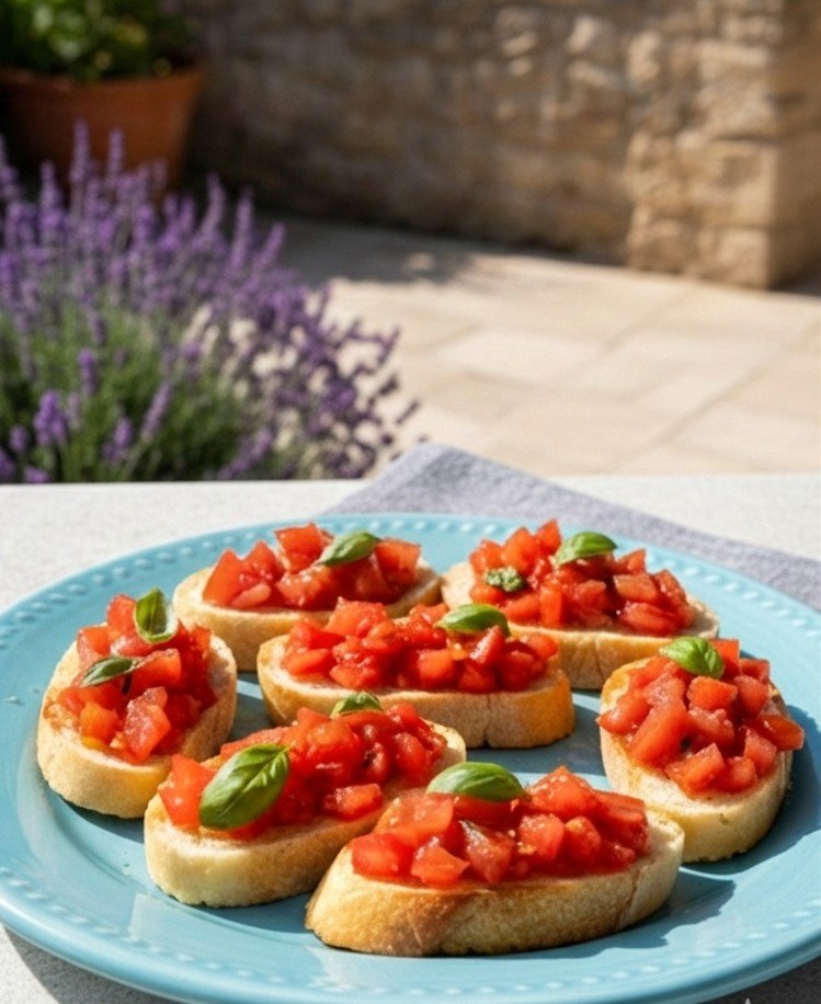 Saftige Bruschetta serviert in einem Hof vor blühendem Lavendel