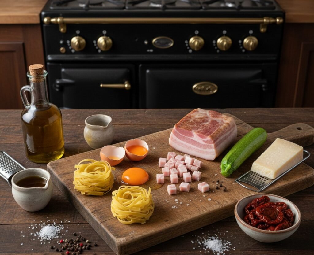 Zutaten für Carbonara mit getrockeneten Tomaten und Zucchini in einer rustikalen italienischen Küche