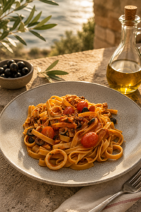 Taglierini mit Tintenfischringen serviert mit italienischem Flair