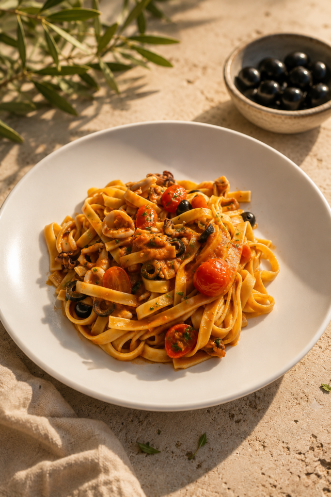 Pasta Calamari in mediterranem Ambiente serviert