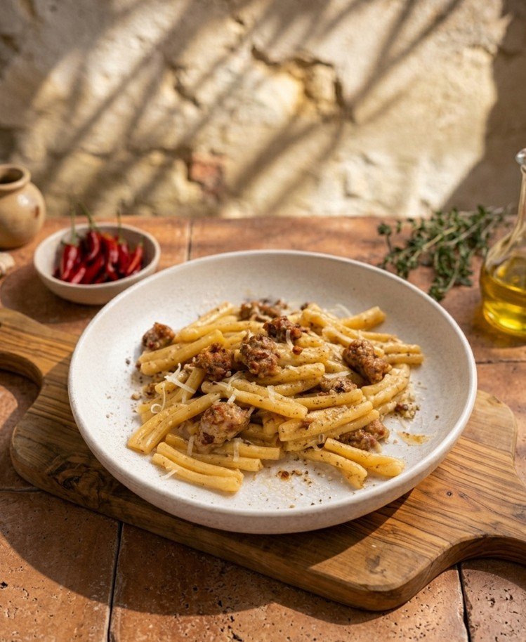 Casarecce mit cremiger Käsesauce und gebratenen Salsiccia Stücken in inem weißen Teller serviert in einem mediteranen Hinterhof