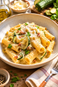 cremige Pasta mit Gorgonzola Sauce in einem modernen Teller angerichtet und mit Parmesan Topping