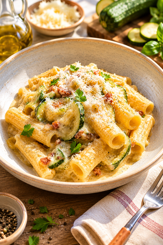 cremige Pasta mit Gorgonzola Sauce in einem modernen Teller angerichtet und mit Parmesan Topping