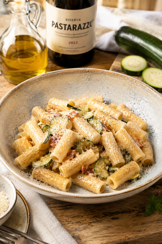 cremige Pasta mit Gorgonzola Sauce in einem modernen Teller angerichtet und mit Parmesan Topping