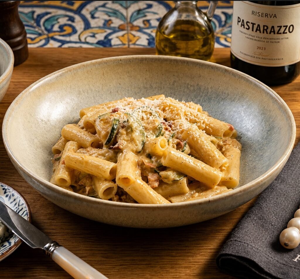 Röhrechennudeln in cremiger Sauce mit Zucchinistücken und mit Parmesan garniert