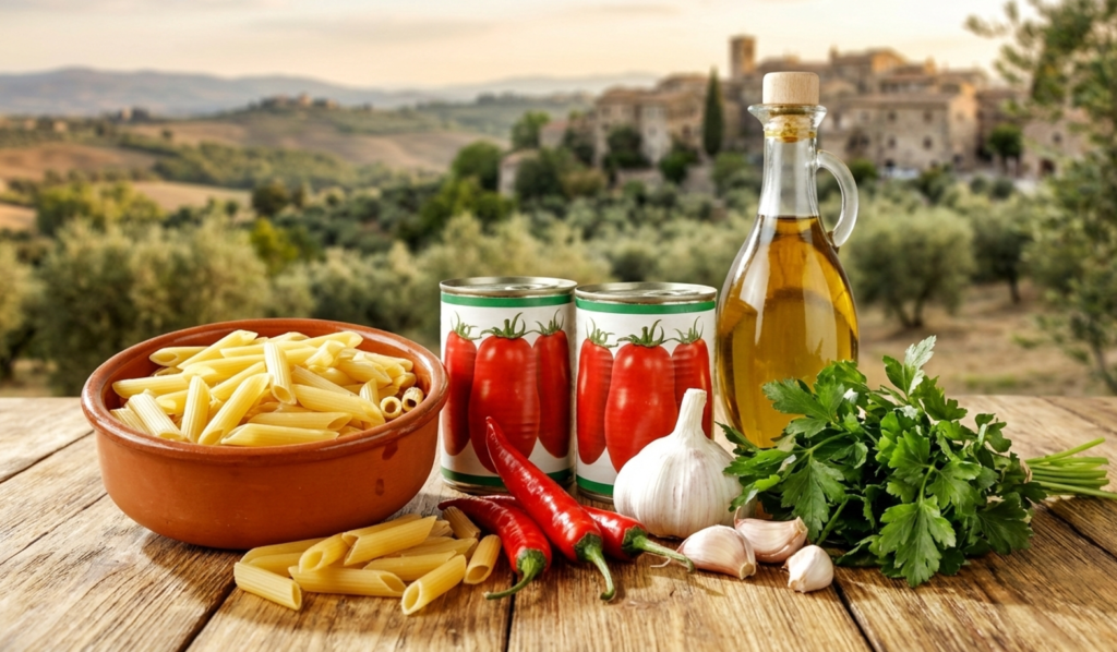 Zutaten für Penne all'Arrabbiata vor malerischer mediterraner Kulisse
