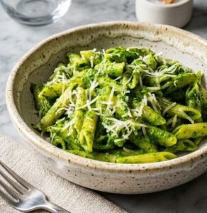 Klassisches Bärlauchpest mit Penne vermengt in einem stilvollen Teller