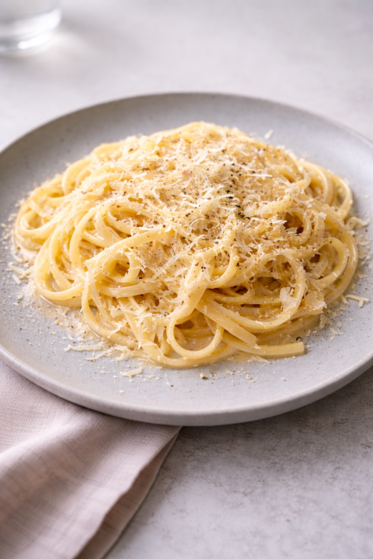 Spaghetti Cacio e Pepe mit Pecorino garniert auf weißem Teller auf weiß gedecktem Tisch
