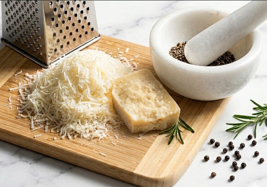 Zutaten für Cacio e Pepe auf einem Holzbrett