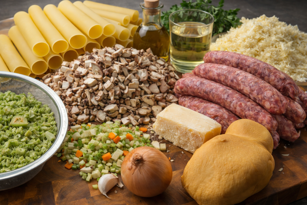 Zutaten für Cannelloni-Salsiccia-Auflauf auf einem Holzbrett