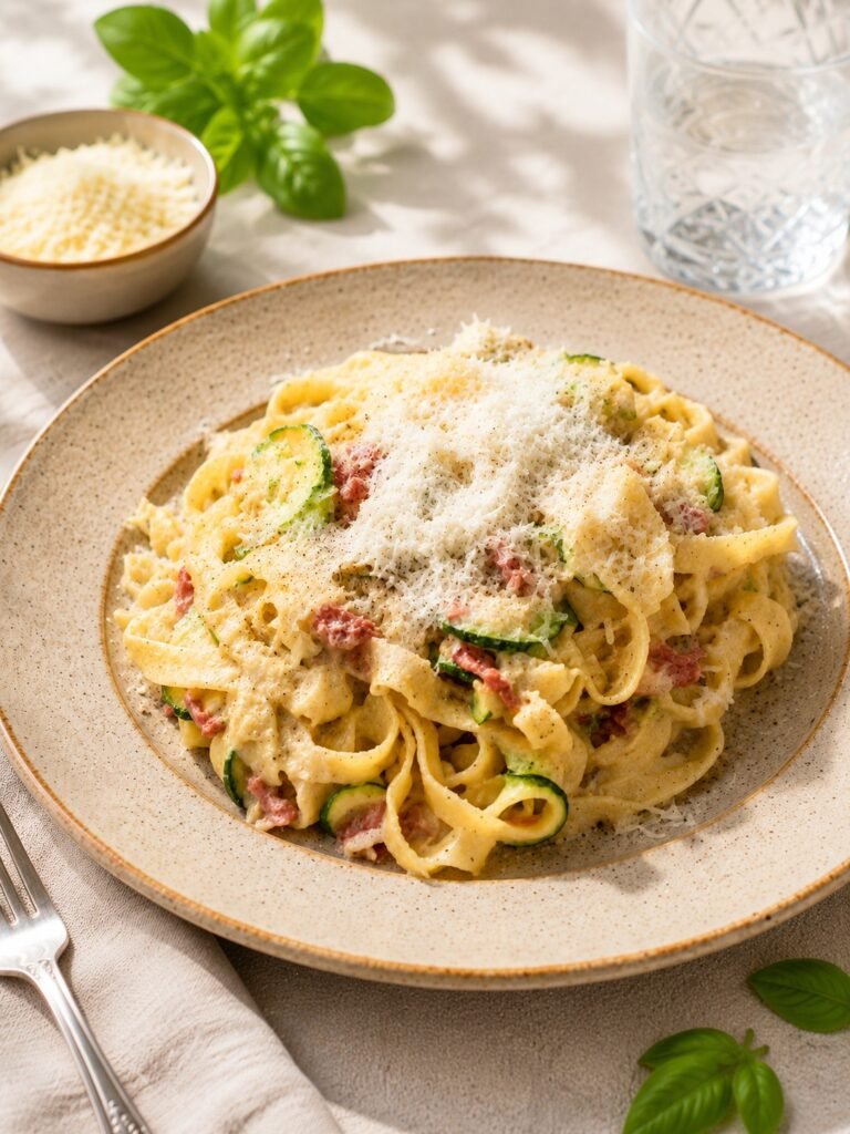 Carbonara mit Tagliatelle in mediteranem Flair