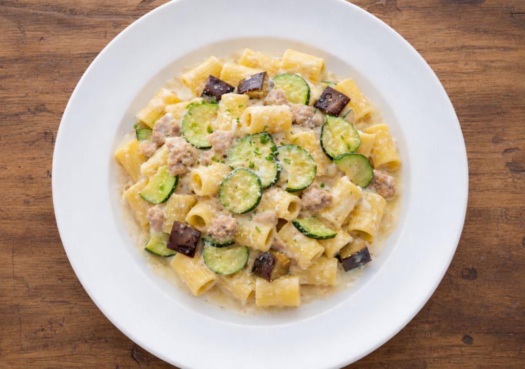 Cremige Sasiccia Pasta mit Zucchini Stücken auf einem weißen Teller