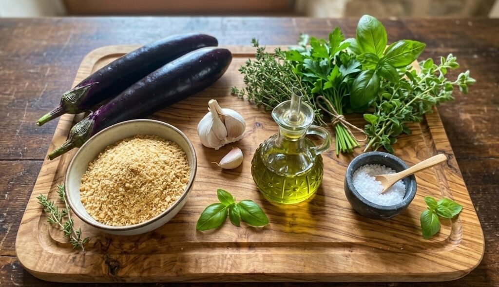 Zutaten für unser Rezept für gratinierte Aubergine auf einem Holzbrett