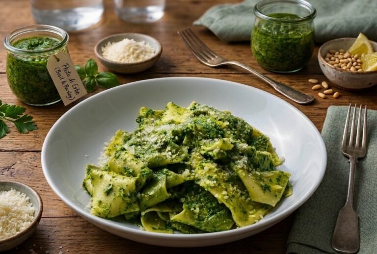 Lasagnette angerichtet mit grünem Pesto und Grana Padano