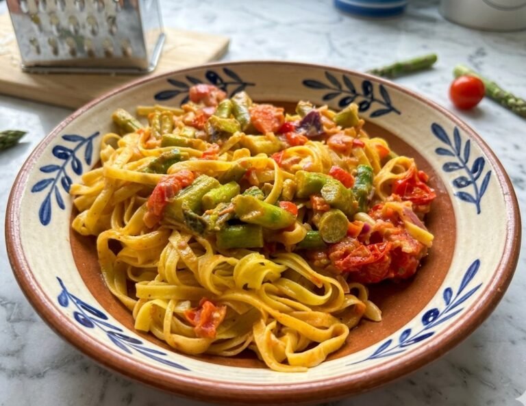 Creamy tagliatelle pasta with fresh asparagus and roasted cherry tomatoes in a ceramic bowl.
