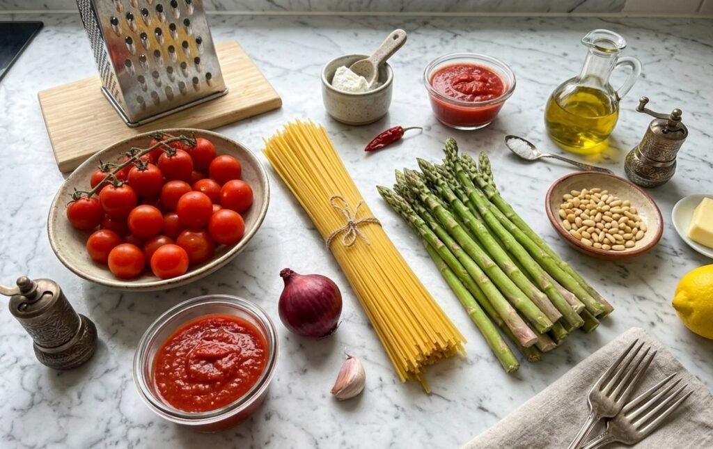 Zutaten für eine mediterane Spargelpasta