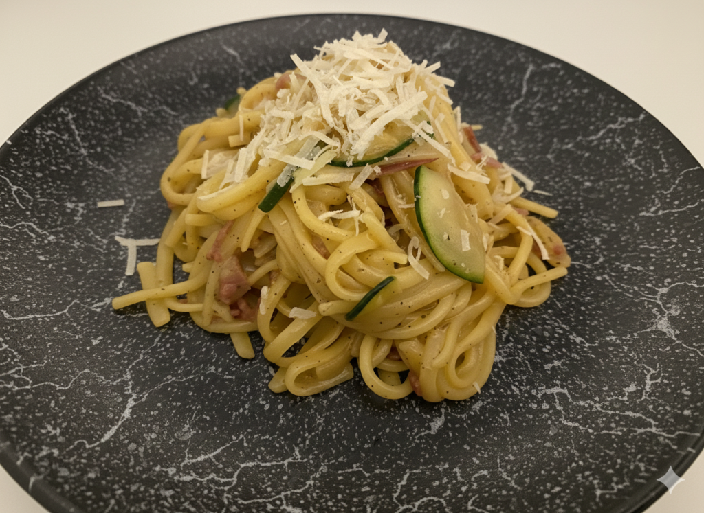 Linguine serviert auf einem modernen dunklem Teller mit cremiger Carbonara,