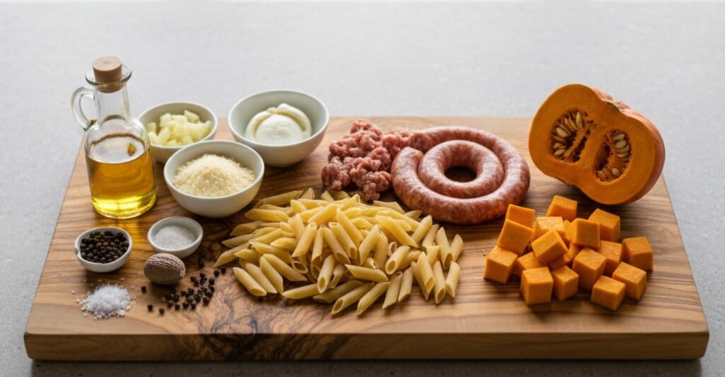 Zutaten für Pasta al Forno mit Kürbis und Salsiccia