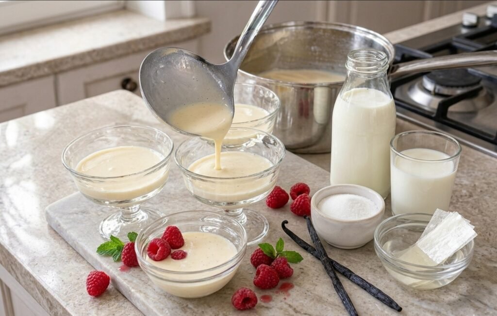 Zutaten für Panna Cotta ausgelegt auf einem Marmortisch in heller Küche