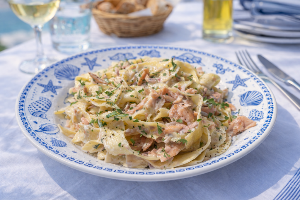 Pappardelle mit Lachsstücke in cremiger Sauce von mediterran angereichten Tisch