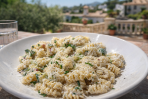 Cremige Ricotta-Pasta vor traumhafter italienischer kulisse