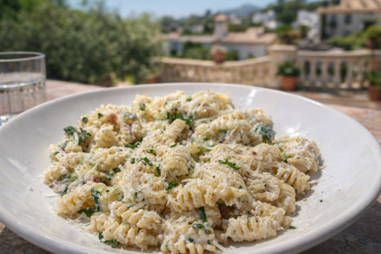 Cremige Ricotta-Pasta vor traumhafter italienischer kulisse