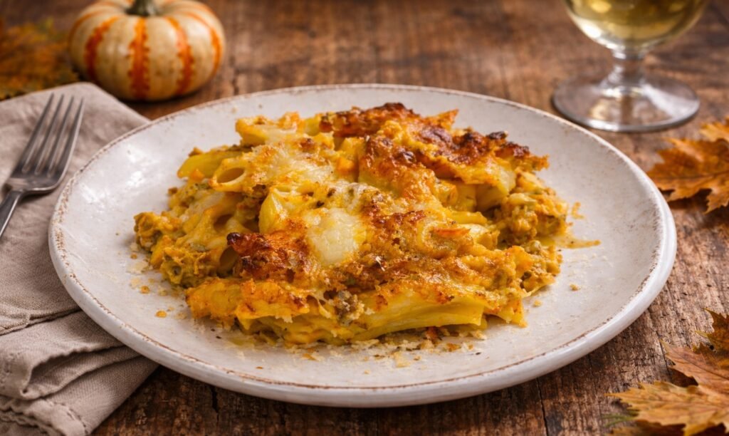 Cremiger Nudelauflauf mit Kürbis und Salsiccia auf einem Teller auf herbstlich gedecktem Tisch
