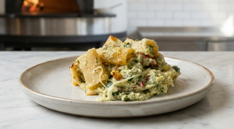 cremige überbackene Pasta auf edlem Keramikteller