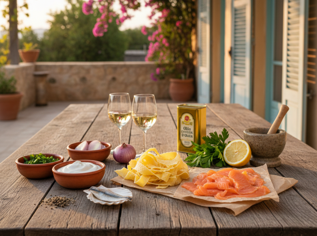 Zutaten für eine Pasta la Salmone auf einer mediterranen Terasse ausgebreitet