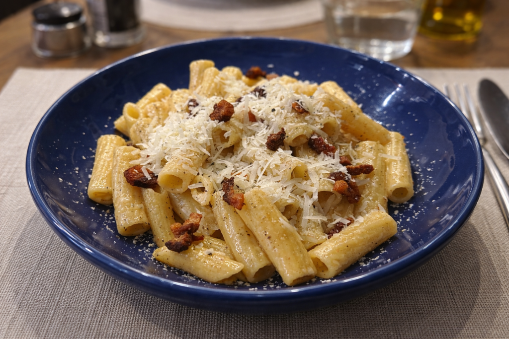 Pasta alla Gricia mit knusprigem Speck und Pecorino garniert. Serviert in einem blauen Teller auf einem reich gedeckten Tisch