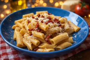 cremige Pasta alla Gricia auf einem Zeller zubereitet