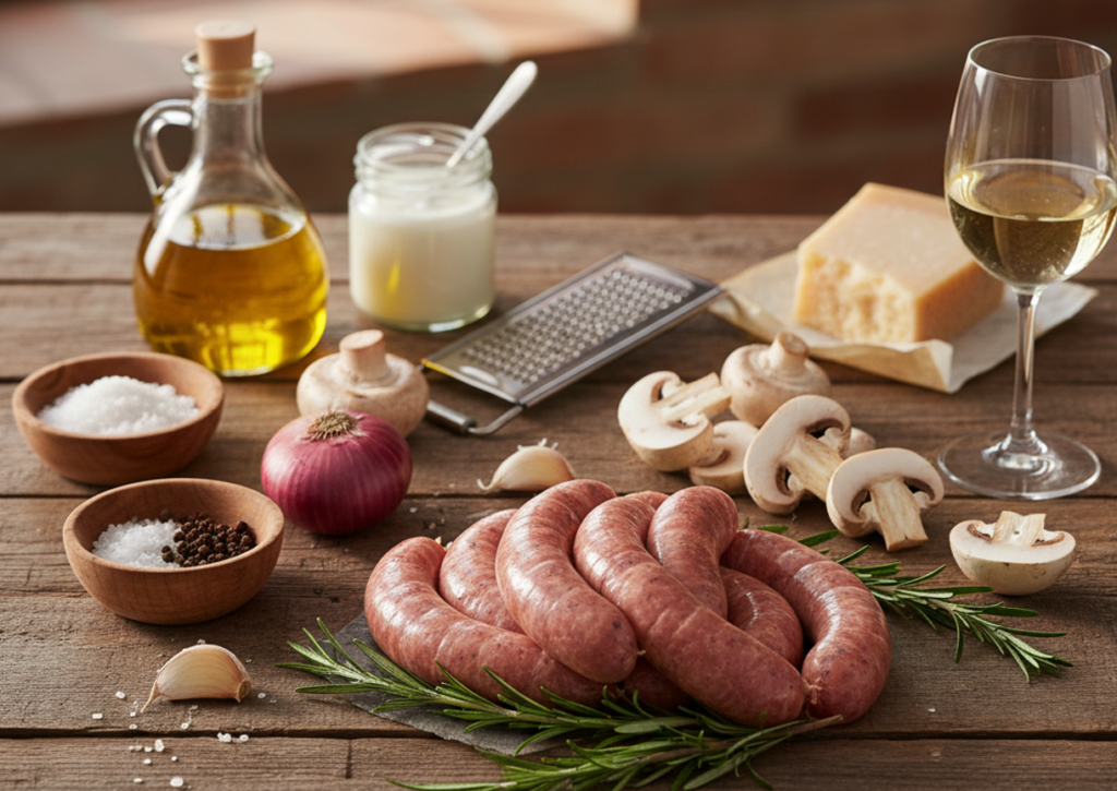 Zutaten für unsere Pasta Salsiccia mit Pilzen