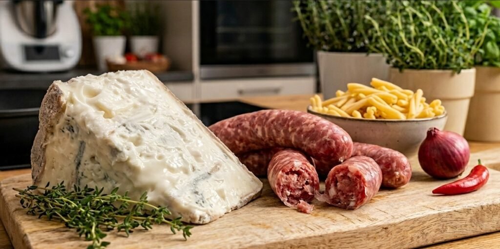 Zutaten für Pasta mit Salsiccia und Gorgonzola in einer modernen Küche