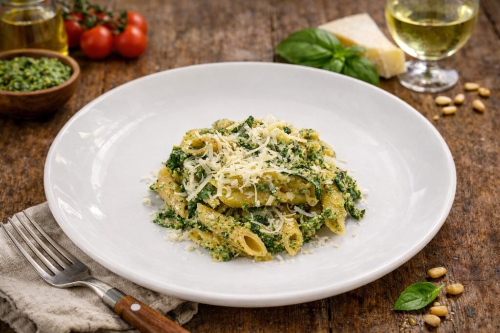 Penne mit Mangold und Parmesan auf einem schlichten weißen Teller angerichtet auf rustikalem Holztisch