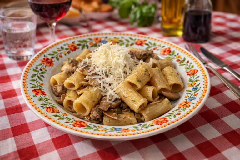 Cremige Pasta mit Pilzen und Salsiccia in rustikalem mediterranem Ambiente