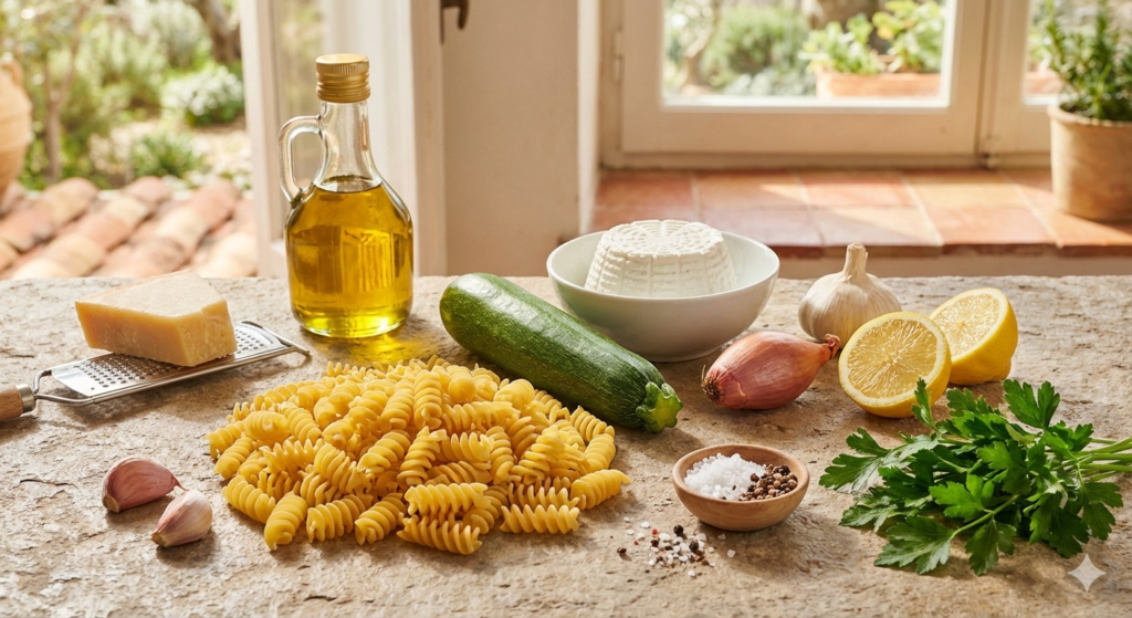 Zutaten für Pasta mit Ricoata und Zucchini auf einer Küchenplatte aus Marmor