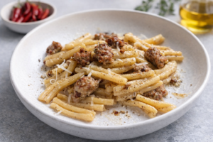 Casarecce Pasta mit cremiger Käsesauce garniert mit gebratenen Salsiccia Stücken auf weißem Teller in mediteranem Flair