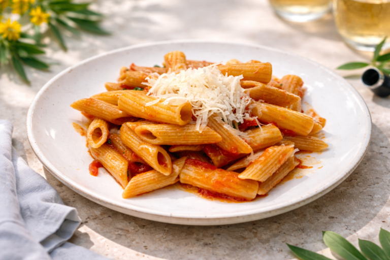 Leckere Penne mit fruchtig roter Tomatensauce auf einem weißen schlichten Teller