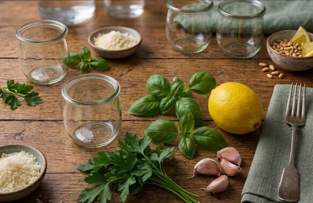 Zutaten für Pesto mit Basilikum und Petersilie auf einem Holzbrett angerichtet
