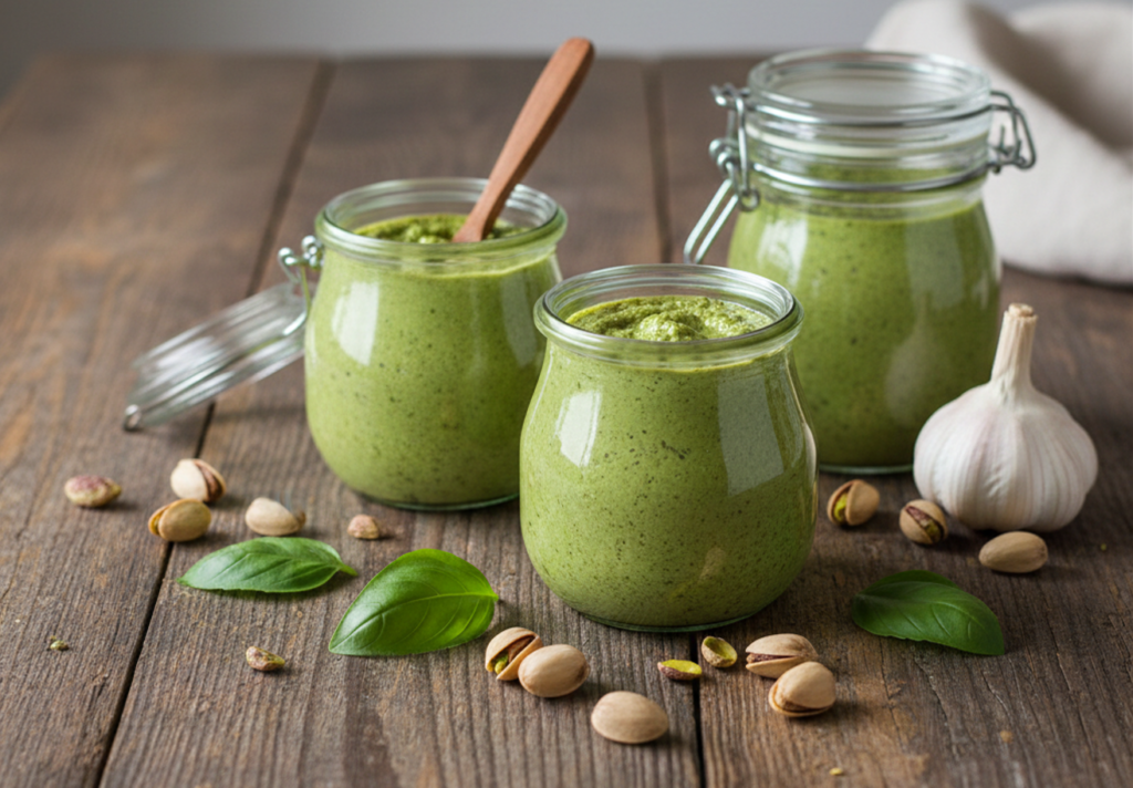Pistazienpesto in Gläser eingemacht