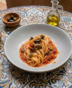 Spaghetti alla Puttanesca auf einem weßem Teller auf mediteranem Tisch