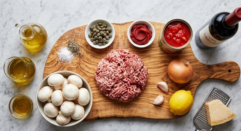 Zutaten für schnelle Bolognese mit Pilzen und Kapern
