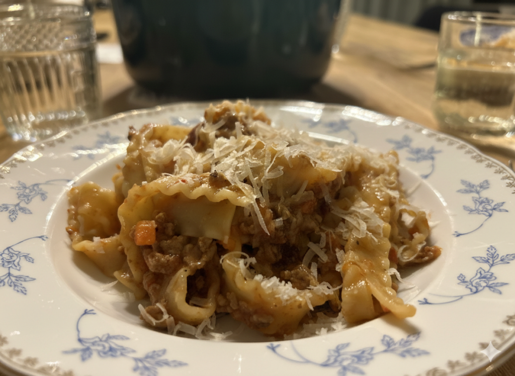 Nudeln mit Bolognesesauce auf einem reichlich gedeckten Tisch
