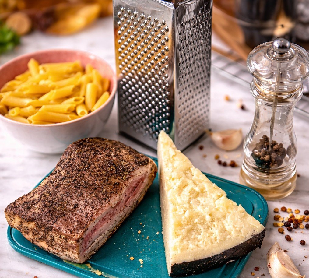 Alle Zutaten für eine klassische Pasta alla Gricia auf einer Marmorplatte ausgelegt