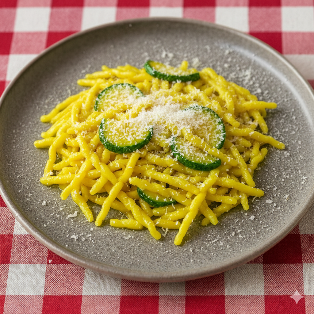 Trofie Pasta mit einer goldgelben Safransauce und Zucchinischeiben garneirt