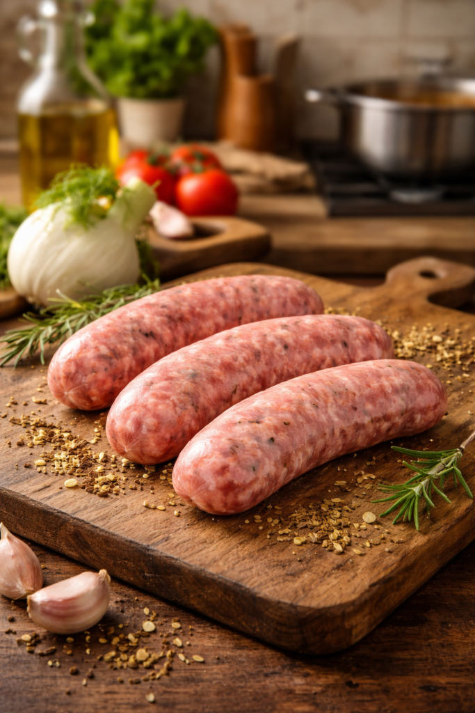 Salsiccia aufgereiht auf einem Holzbrett.