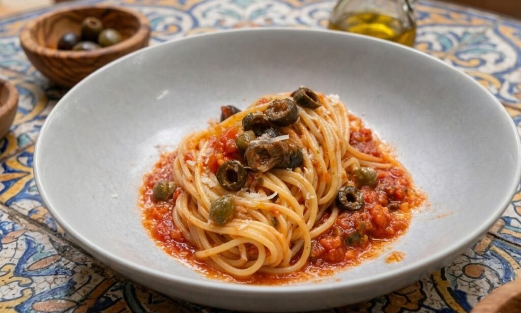 Spaghetti alla Puttanesca auf weißem Teller in mediteranem Flair