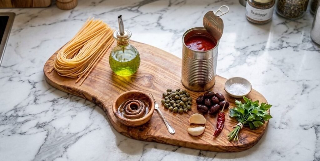 Auf einem Olivenholzbrett stehen die Zutaten für Spaghetti alla Puttanesca