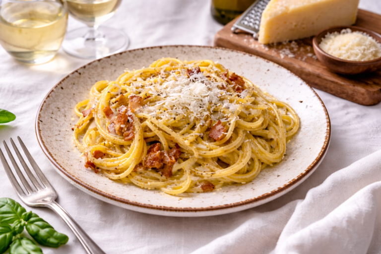 Cremige Spaghetti alla Carbonara mit Guanciale und Pecorino ganiert auf schönem weißen Tisch